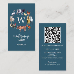 Farm animals watercolor farm business blue card