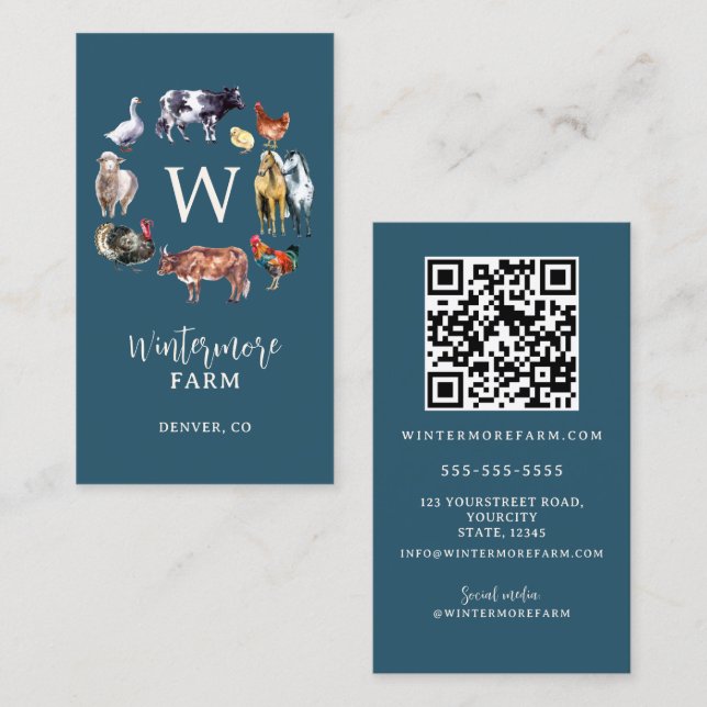 Farm animals watercolor farm business blue card (Front/Back)