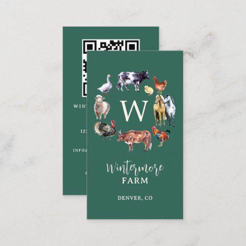 Farm animals watercolor farm business green business card