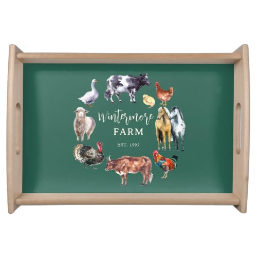 Farm animals watercolor farm business green serving tray