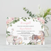 Farm animals watercolor floral girl baby shower invitation (Standing Front)