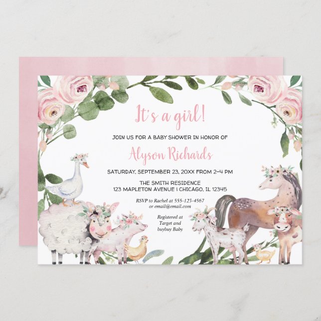 Farm animals watercolor floral girl baby shower invitation (Front/Back)