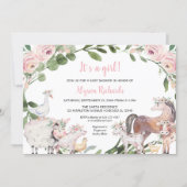 Farm animals watercolor floral girl baby shower invitation (Front)