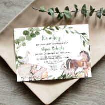 Farm animals watercolor greenery boy baby shower invitation