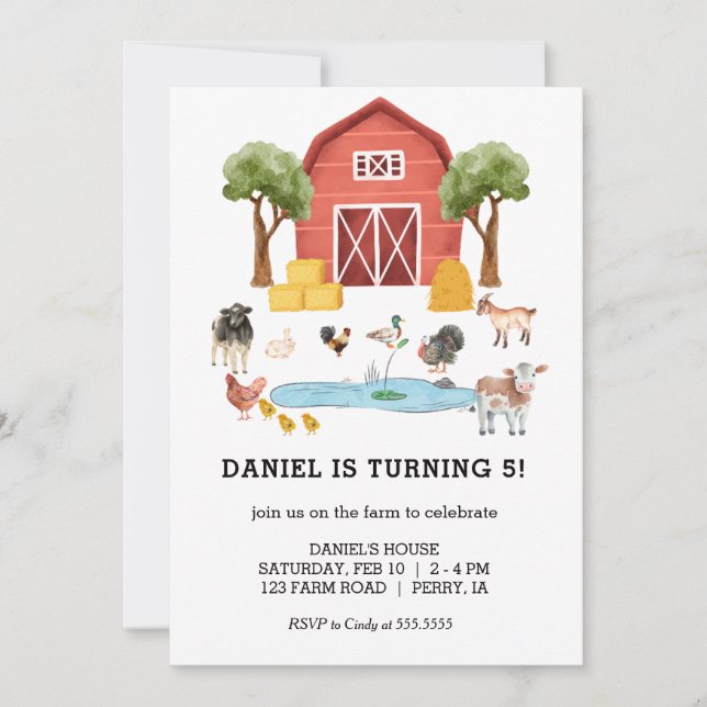 Farm Animals Watercolor Kid Birthday Party Invitation (Front)