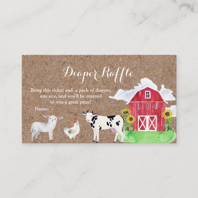 FARM ANIMALS watercolor kraft Diaper Raffle Card (Front)