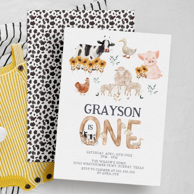 Farm Animals Watercolor Modern 1st Birthday Invitation (Creator Uploaded)