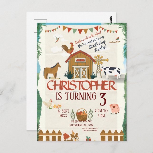 Farm Animals Watercolor Modern 1st Birthday Postcard (Front/Back)