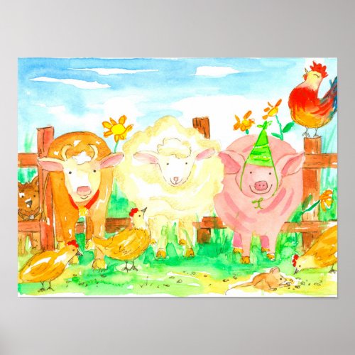 Farm Animals Watercolor Poster