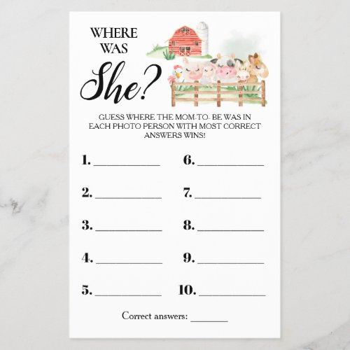 Farm Animals Where was Mom Baby Shower Game Card Flyer