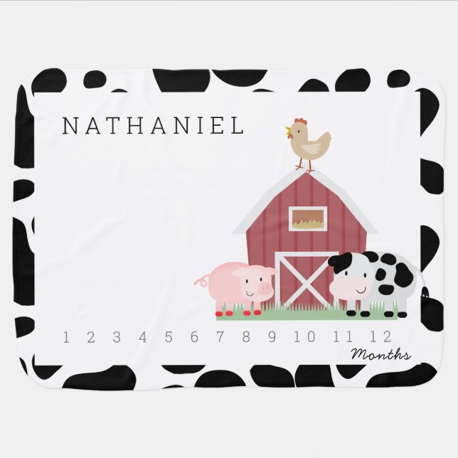 Farm Animals White Monthly Milestone baby blanket (Horizontal)
