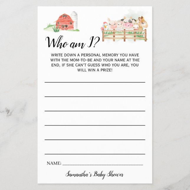 Farm Animals Who am I Baby Shower Game Card Flyer (Front)