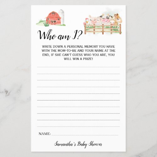 Farm Animals Who am I Baby Shower Game Card Flyer