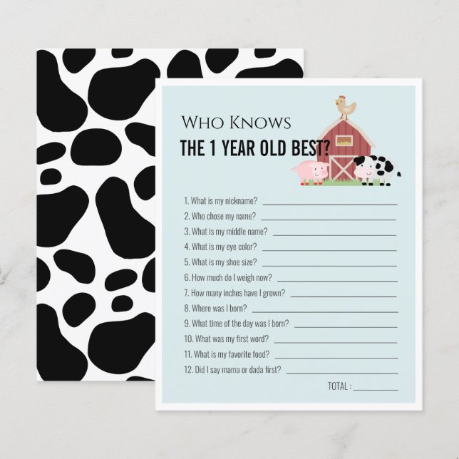 Farm Animals Who Knows 1yo Best 1st Birthday Game (Front/Back)