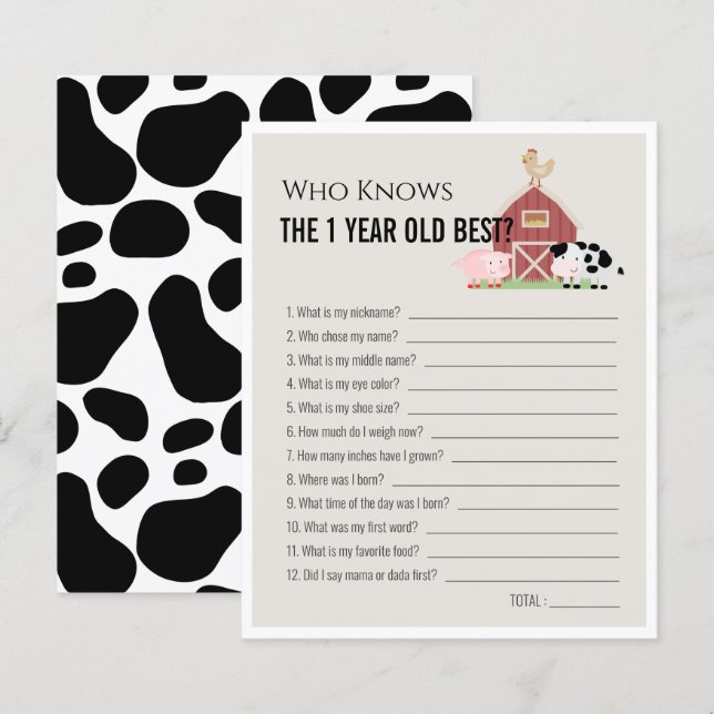 Farm Animals Who Knows 1yo Best 1st Birthday Game (Front/Back)