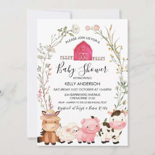 Farm Animals Wildflowers Wreath Baby Shower Invitation