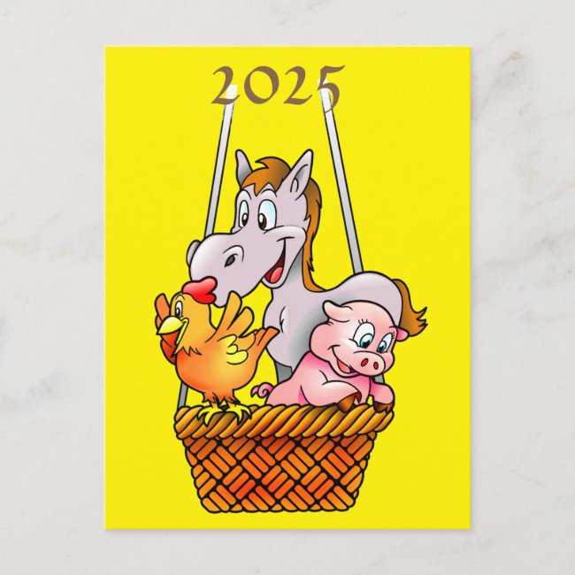 Farm Animals with 2025 Calendar on Back Postcard