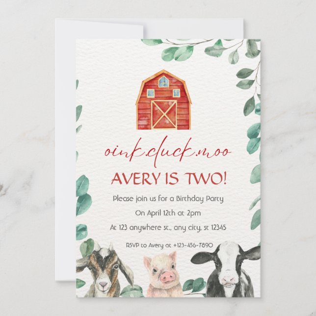 Farm Animals with Greenery Birthday Party Invitation (Front)