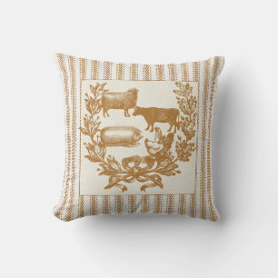 Farm Animals with Wreath on Brown Ticking Throw Pillow