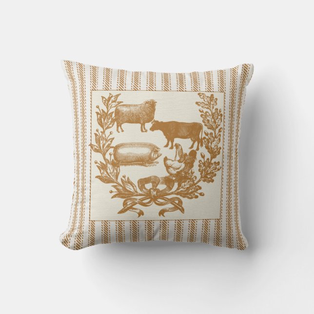 Farm Animals with Wreath on Brown Ticking Throw Pillow (Front)