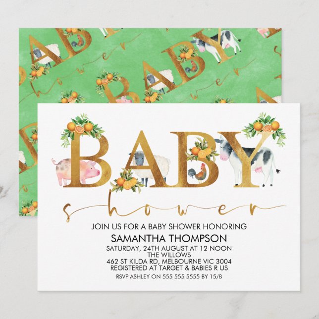 Farm Animals Word Baby Shower Invitation (Front/Back)