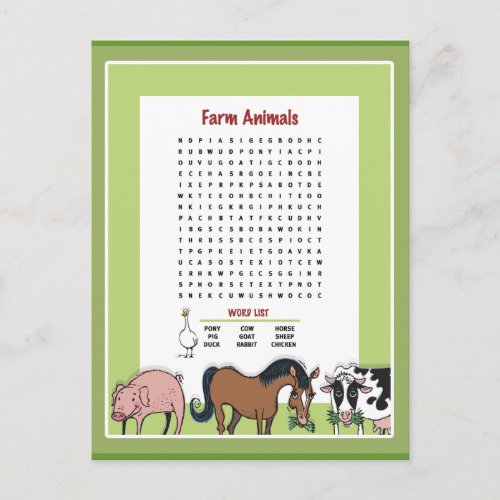 Farm Animals Word Search Postcard