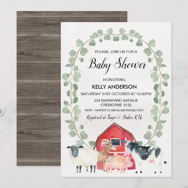 Farm Animals Wreath Baby Shower Invitation (Front/Back)