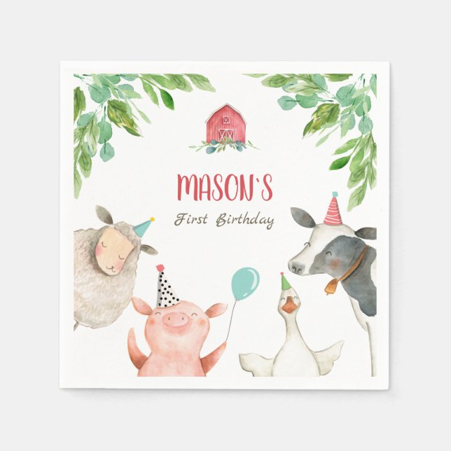 Farm Animals Zoo Boy Birthday Barnyard Greenery Napkins (Front)