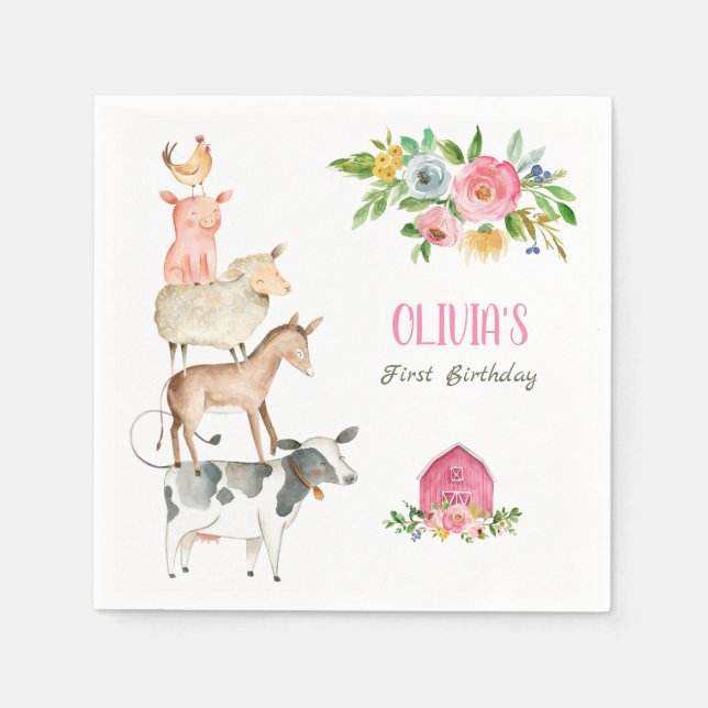 Farm Animals Zoo Girl Birthday Barnyard Pink Napkins (Front)