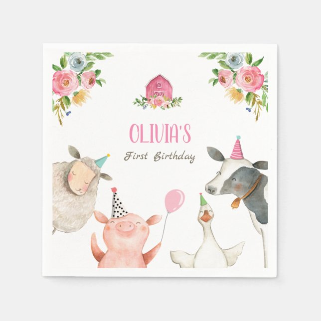 Farm Animals Zoo Girl Birthday Barnyard Pink Napkins (Front)