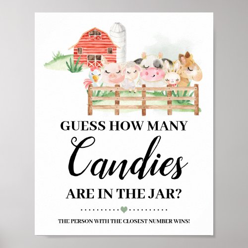 Farm Animas How many Candies Baby Shower Game Poster