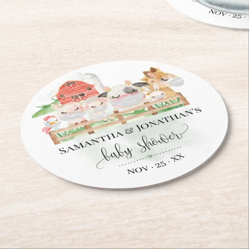 Farm Baby Animals Baby Shower Round Paper Coaster
