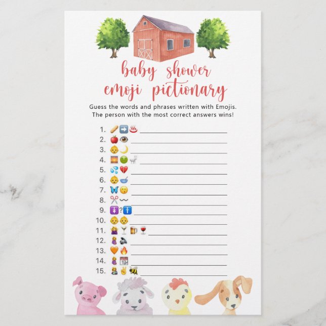 Farm - baby shower emoji pictionary game (Front)
