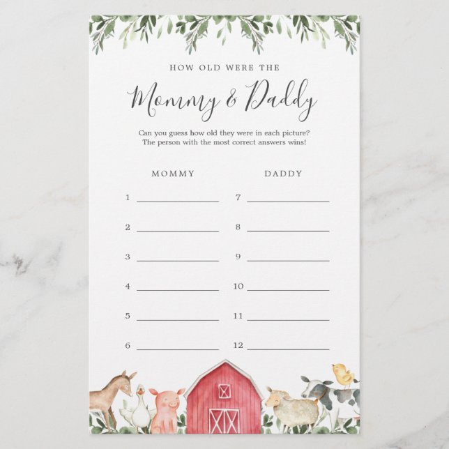 Farm Baby Shower How Old Were They Game Card (Front)
