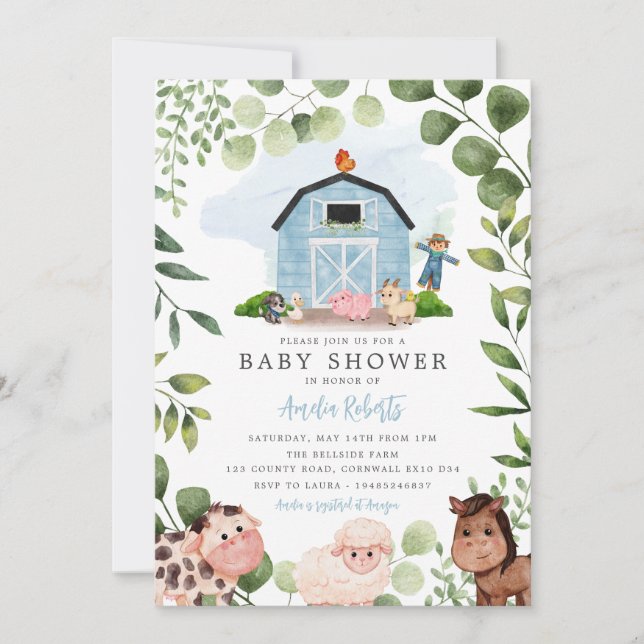 Farm Baby Shower invitation, Blue Barn Invite (Front)