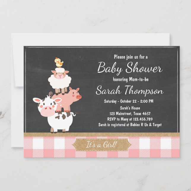 Farm Baby Shower invitation Country Baby Girl Pink (Front)
