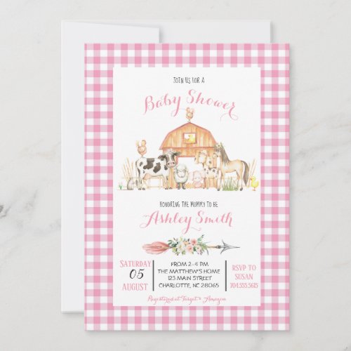 farm baby shower invitation pink girl