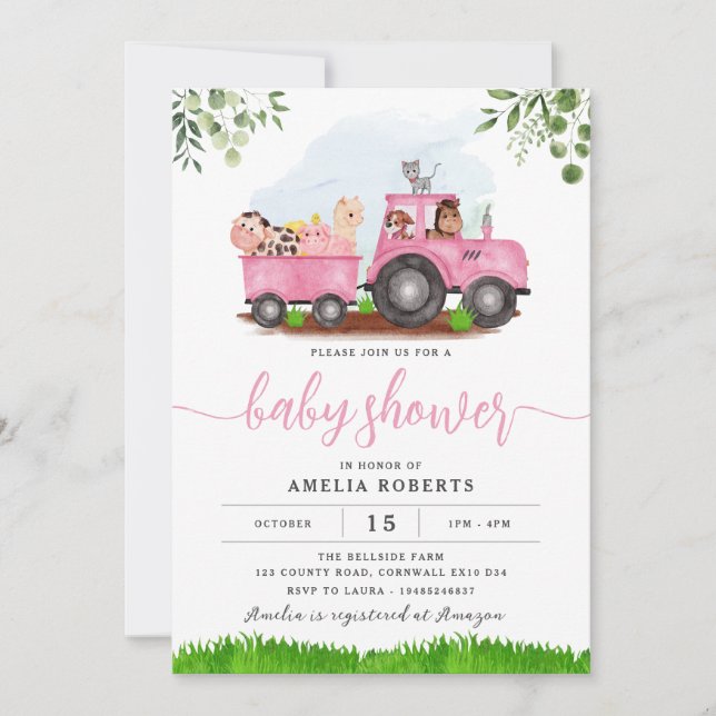 Farm Baby Shower invitation, Pink Tractor Invite (Front)