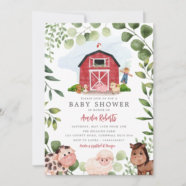 Farm Baby Shower invitation, Red Barn Invite (Front)