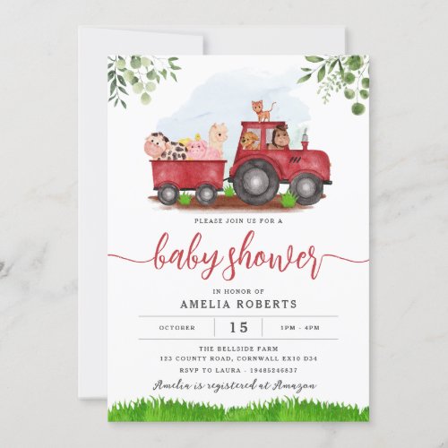 Farm Baby Shower invitation Red Tractor Invite