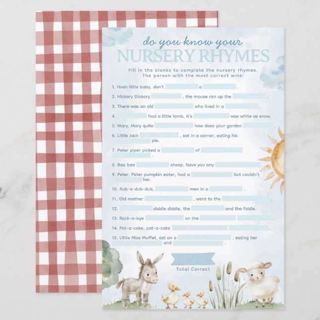 Farm Baby Shower Nursery Rhyme Game (Front/Back)