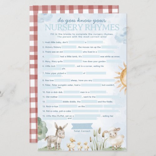 Farm Baby Shower Nursery Rhyme Game