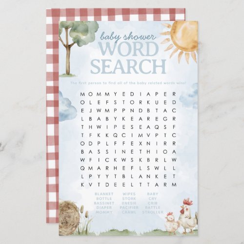 Farm Baby Shower Word Search Game