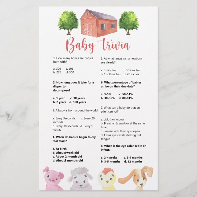 Farm - Baby Trivia | Baby Shower Game (Front)