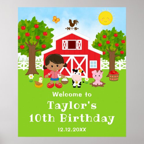 Farm Barn African American Girl Birthday Welcome Poster
