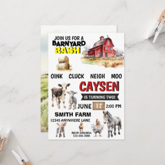Farm Barn Animals Watercolor Birthday Invitations