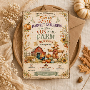 Farm Barn Scarecrow Fall Autumn Little Boy's 3rd Invitation