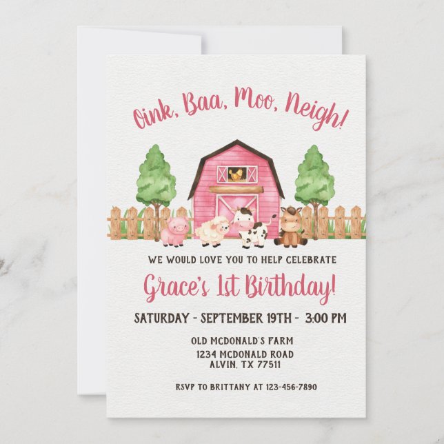 Farm Barnyard 1st Birthday Invitation (Front)