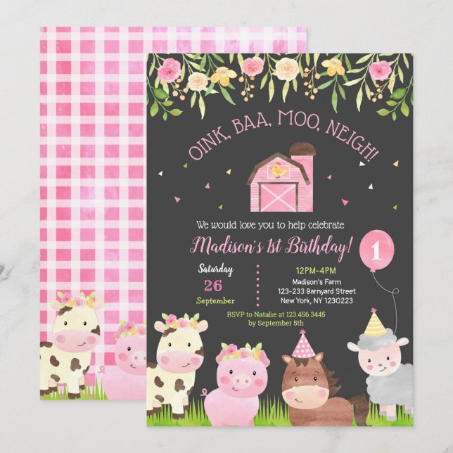 Farm Barnyard 1st Birthday Party Invitations Girl (Front/Back)