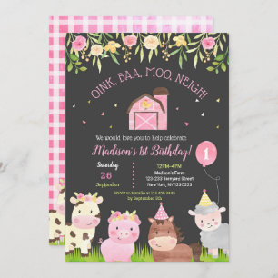 Farm Barnyard 1st Birthday Party Invitations Girl